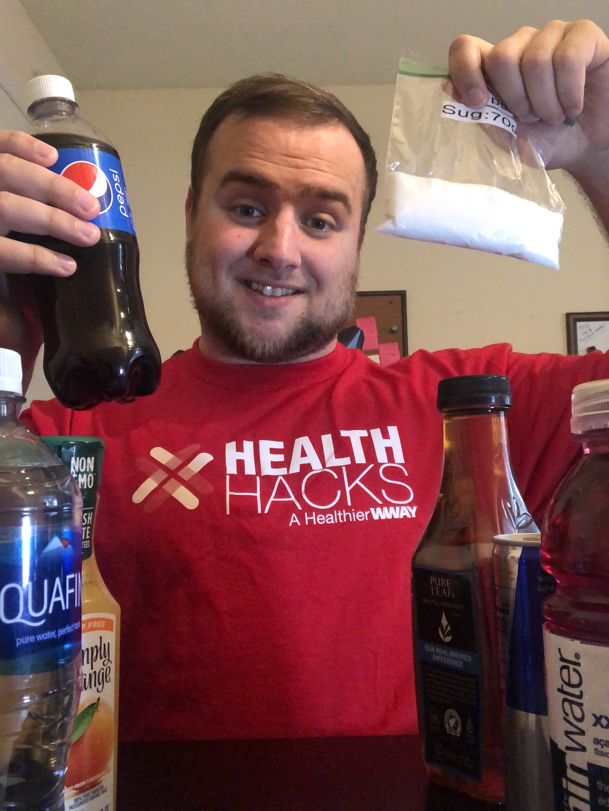 Intern with bottled drinks and added sugar.