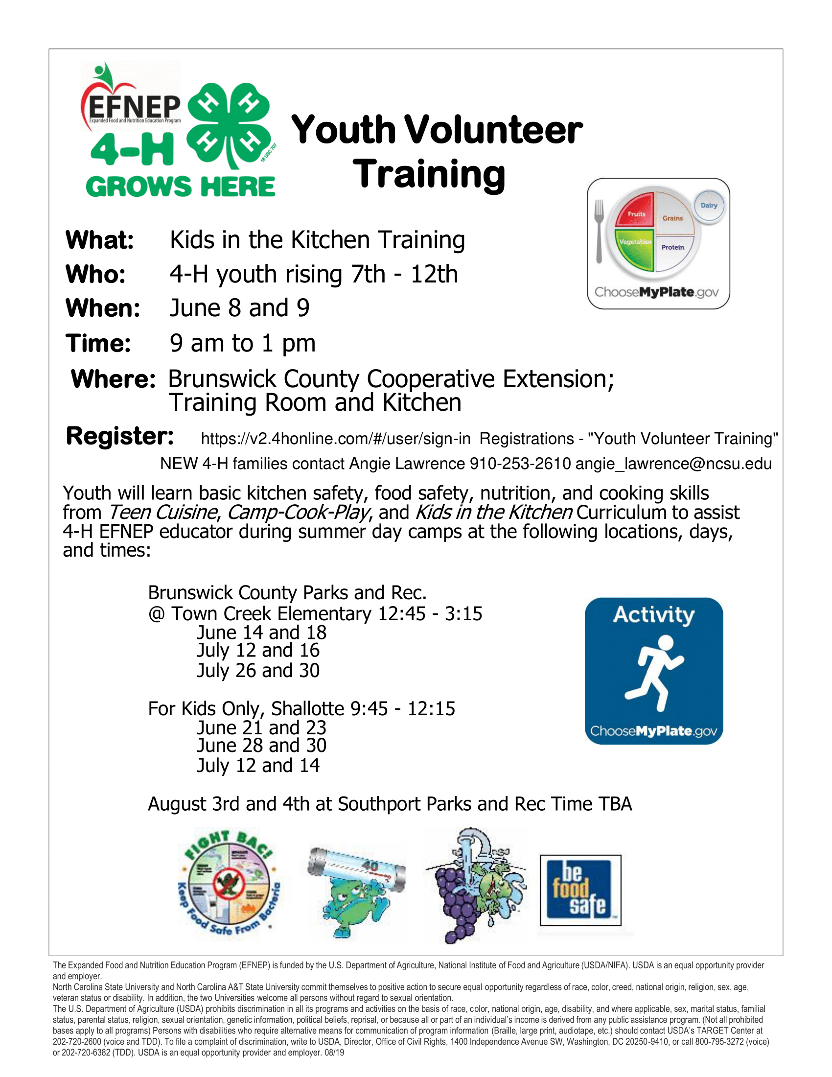 4-H Youth Volunteer Training Flyer. Rising 7th to 12th graders. June 8th and 9th at Brunswick County Cooperative Extension. Register at 4-H Online. Call or email Angie Lawrence for more information.