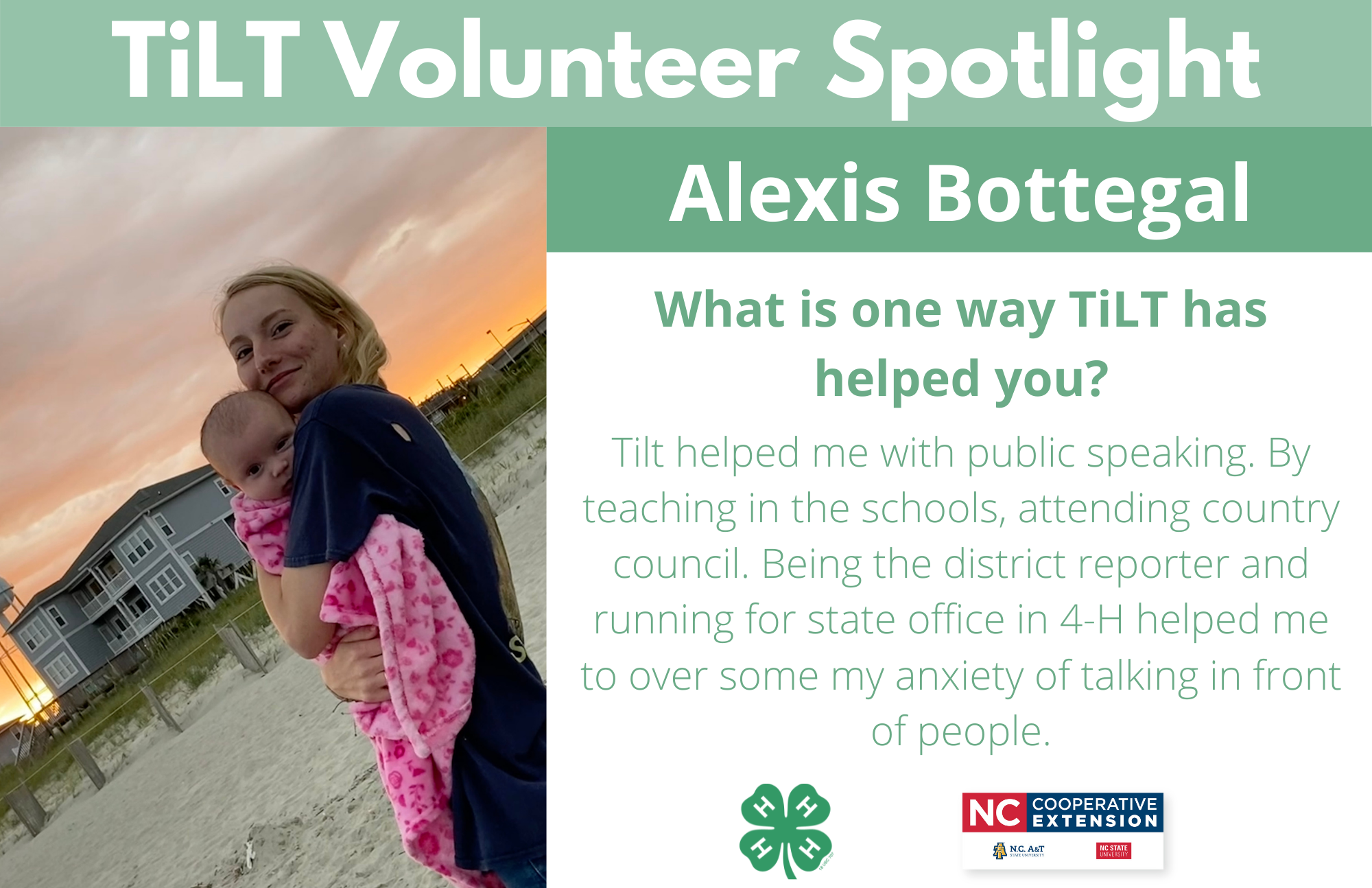 Headshot of Katlyn Toney with following text to the right of image. TiLT Volunteer Spotlight. Katlyn Toney. What is your favorite memory from serving as a TiLT volunteer? I cannot chose a favorite. We had a lot of laughs in TiLT & took trips to some pretty cool places. I always enjoyed teaching the younger children, they always made it worth the hard work.