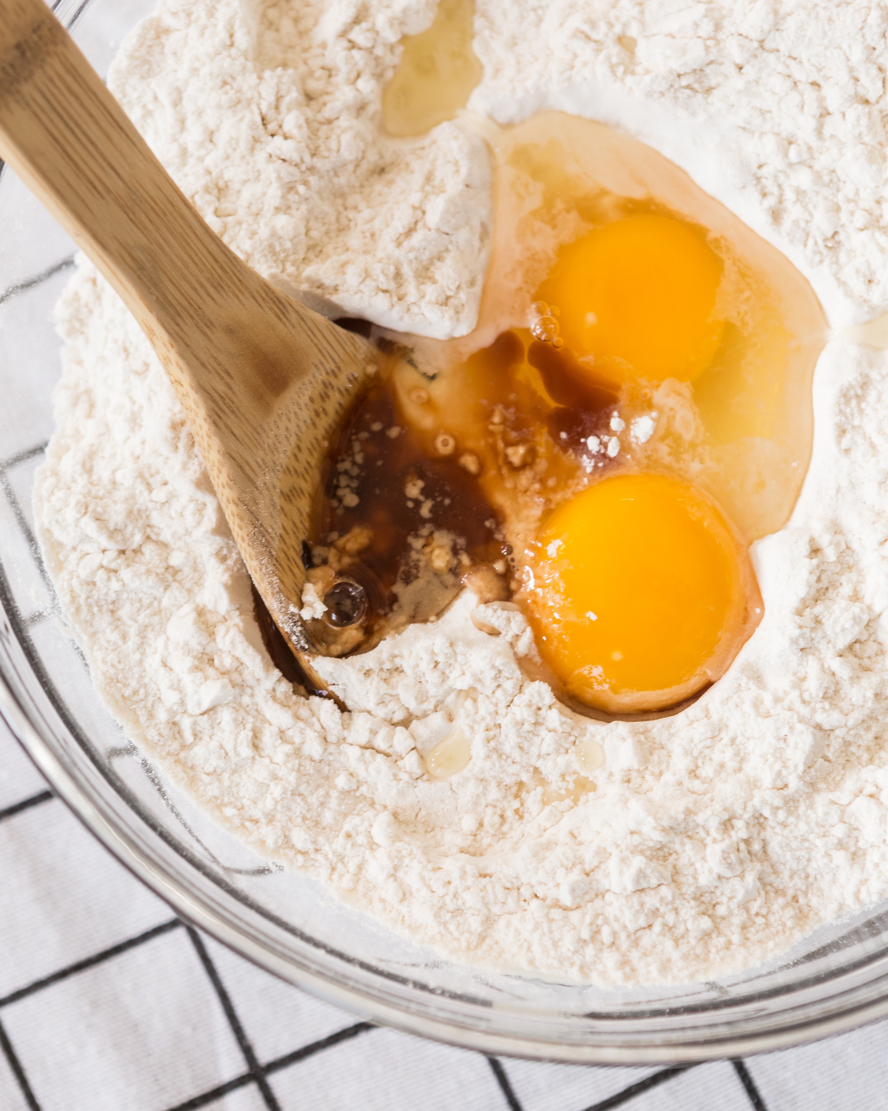 spatula in cake mix with eggs