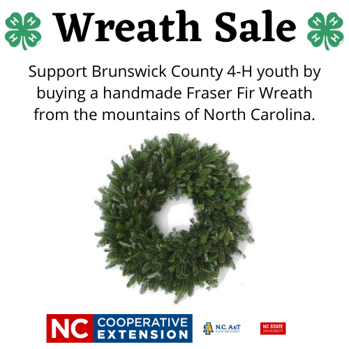 Support Brunswick county 4-H youth by buying a handmade Fraser Fir wreath from the mountains of North Carolina. Wreath. N.C. Cooperative Extension logo.