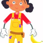 A girl in overalls holding a banana. 