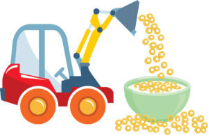 A tractor dumping cereal into a bowl of milk.
