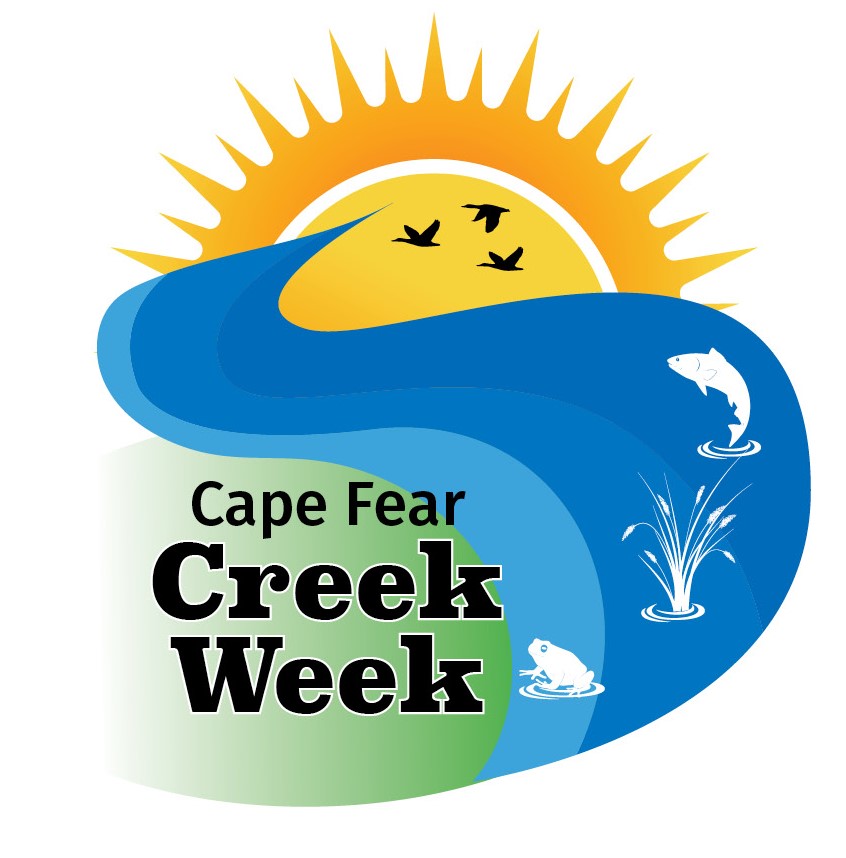 Sun with water flowing over it. A fish, marsh grass, and frog are in the water; birds fly across sun. Text says Cape Fear Creek Week