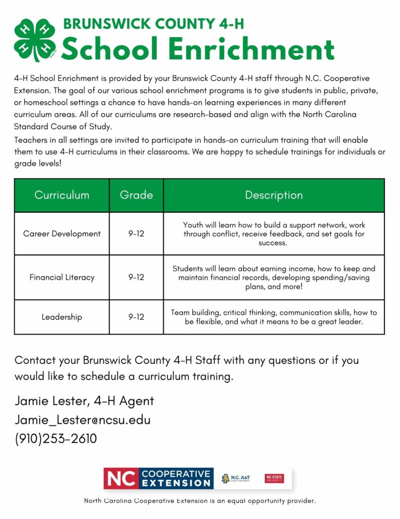 Brunswick County 4-H School Enrichment chart of programs