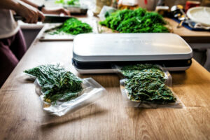 Vacuuming dill. Vacuum packing machine on the table