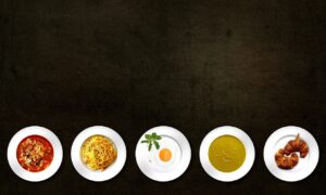 picture of five different kinds of soups in bowls