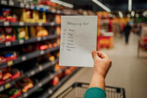 Shopping list in hand of a senior woman in a grocery store