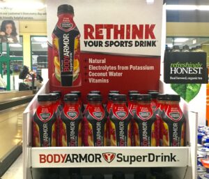 Body Armor sports drink display inside a grocery store