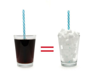 A glass full of sugar and another one full of cola on a white background