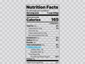 Nutrition facts label. Food information with daily value. Vector illustration. Data table ingredients calorie fat sugar cholesterol. Vertical display with voluntary nutrient. Packaging template design