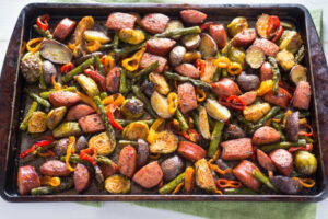 Sausage Sheet Pan Dinner with Asparagus, Potatoes, Brussels Sprouts and Sweet Mini Peppers