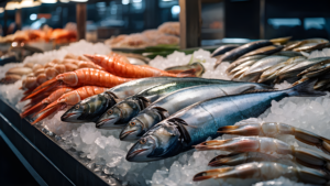 A lively market stand featuring a selection of chilled seafood, including glistening fish, tender shrimp, and plump clams, all displayed on ice. This inviting scene emphasizes the freshness and quality of the catch, celebrating the delights of ocean fare in a market setting.