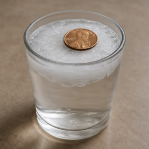 penny laying on top a cup of ice