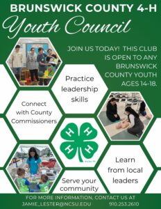 Brunswick County 4-H Youth Council. Join us today! Open to middle school and high school students. Practice leadership skills, connect with county commissioners, learn from local leader, serve your community, and more. 